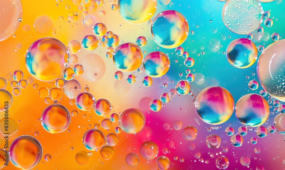 Abstract vivd Colorful Food Oil Drops Bubbles and spheres Flowing on Water Surface