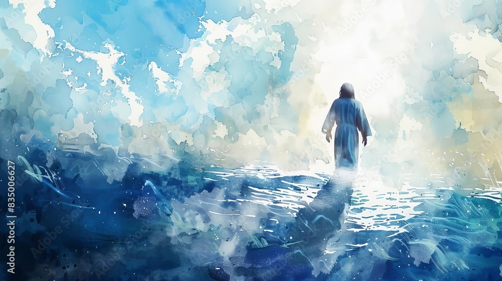 jesus christ walking on water son of god demonstrating faith and divine power digital watercolor painting illustration jesus christ walking on water son of god demonstrating faith and divine power digital watercolor painting illustration