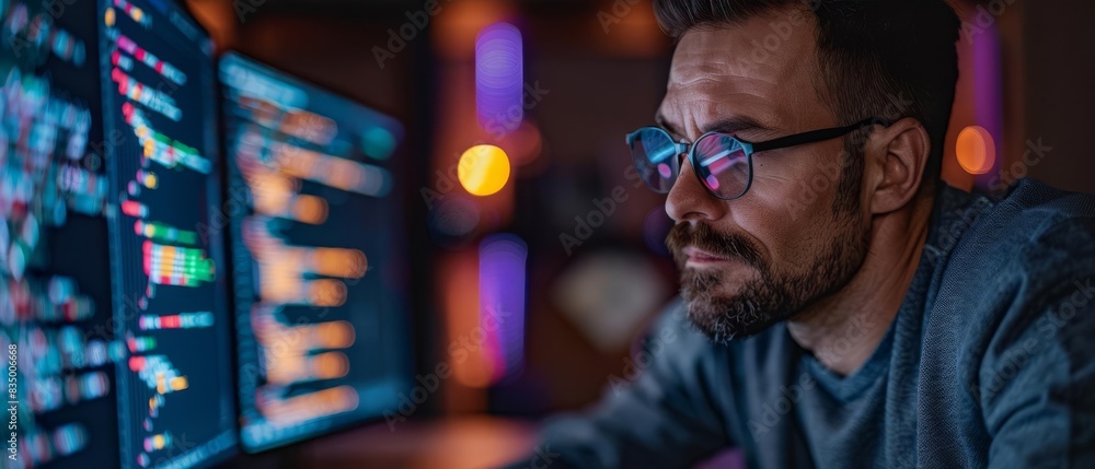 Obraz premium A software developer reviewing code in a collaborative online platform selective focus, peer review theme, whimsical, fusion, digital workspace backdrop