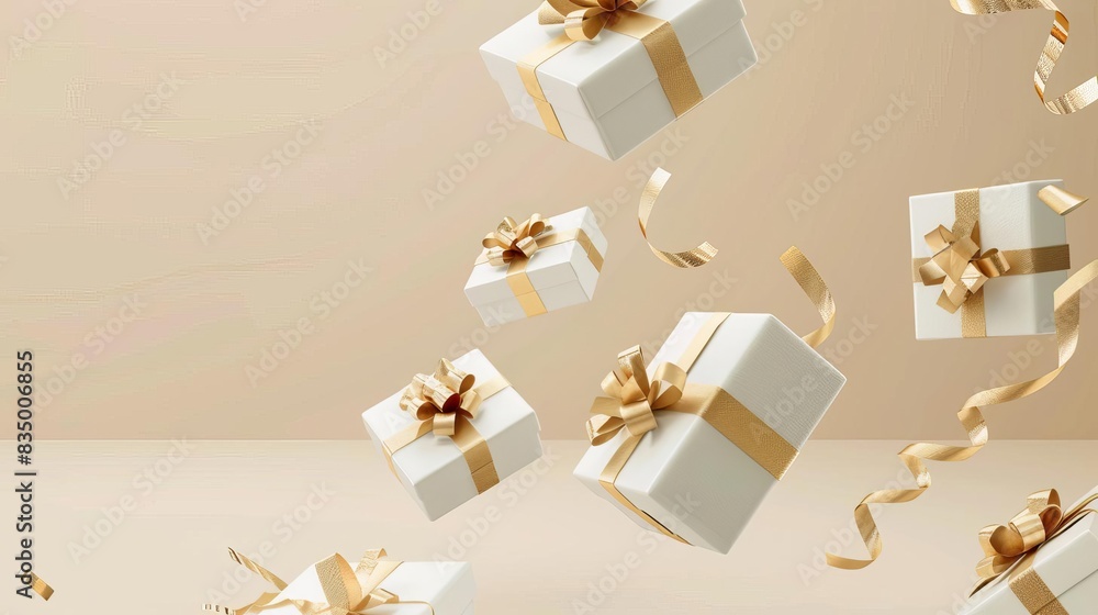 levitating white gift boxes with elegant golden ribbon bows floating on beige background abstract commercial concept levitating white gift boxes with elegant golden ribbon bows floating on beige background abstract commercial concept