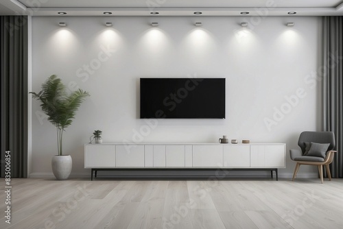 Interior home of living room with TV LED on wooden cabinet on white wall © free