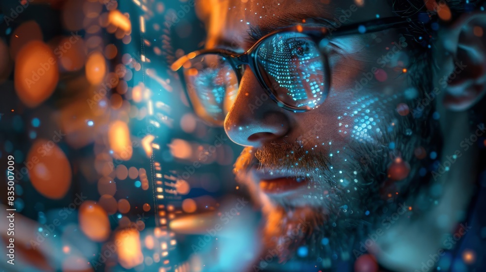 A software developer using advanced tools to test a new application close up, testing theme, vibrant, double exposure, tech lab backdrop A software developer using advanced tools to test a new application close up, testing theme, vibrant, double exposure, tech lab backdrop