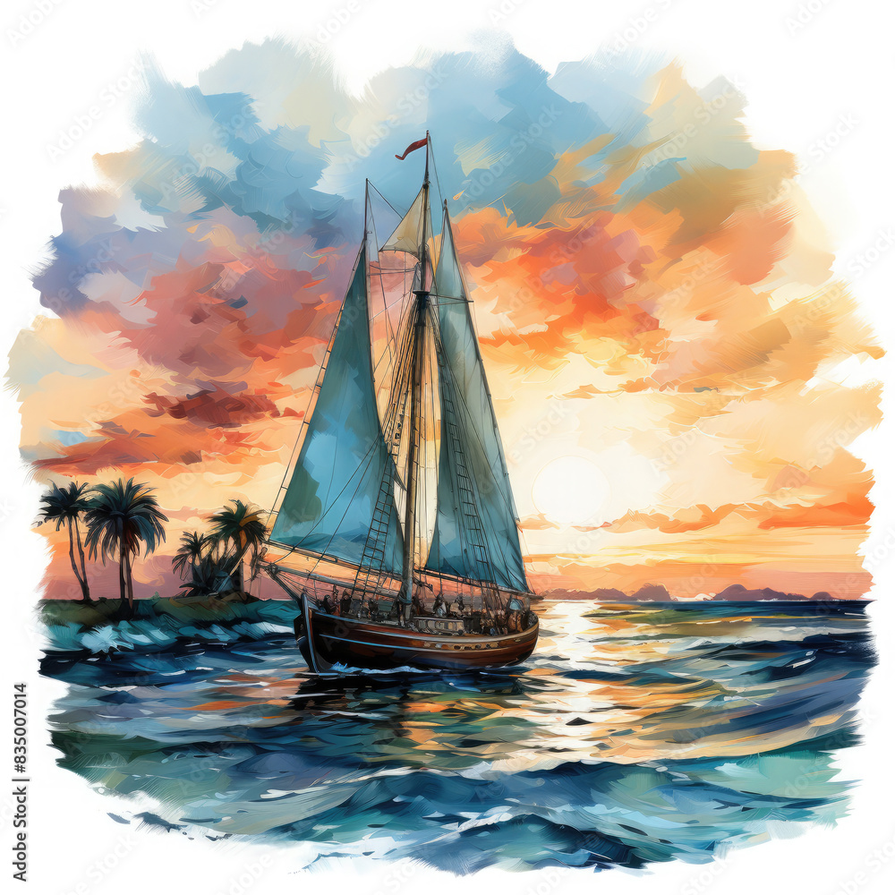 Fototapeta premium Watercolor Framed Sunset Sailboat Illustration, Generative Ai