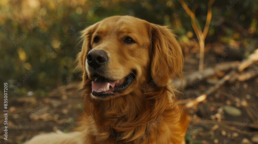 Golden retriever dog enjoying nature outdoors at sunset