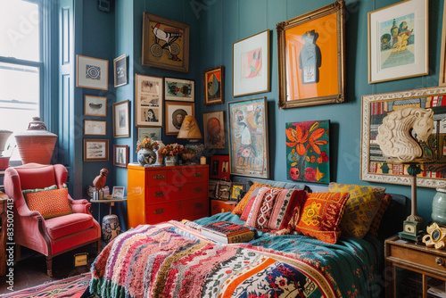 An eclectic bedroom with bold colors, vintage furniture, and an array of eclectic artwork adorning the walls. © Humara