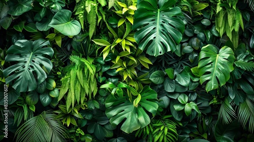 lush tropical rainforest vegetation wall amazon or african equatorial jungle nature background photo