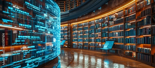 Modern Digital Library Room with Virtual Assistant Displaying International Case Law for Efficient Research