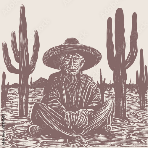 An old Mexican shaman sits among cacti in the Sonoran desert.