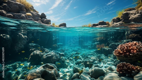 A breathtaking split-view photograph displaying an underwater coral reef and a serene coastal shoreline under a clear sky.