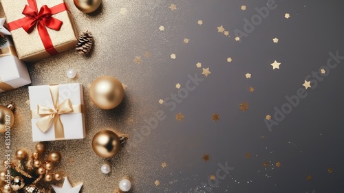 bright flat lay stock Christmas photo with copy space, realistic lighting, photorealistic, generative ai