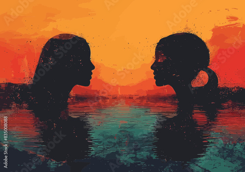 Silhouettes in Business Discussion at Sunset, Minimalistic Vector Illustration of Communication and Dialogue, Reflective Mood