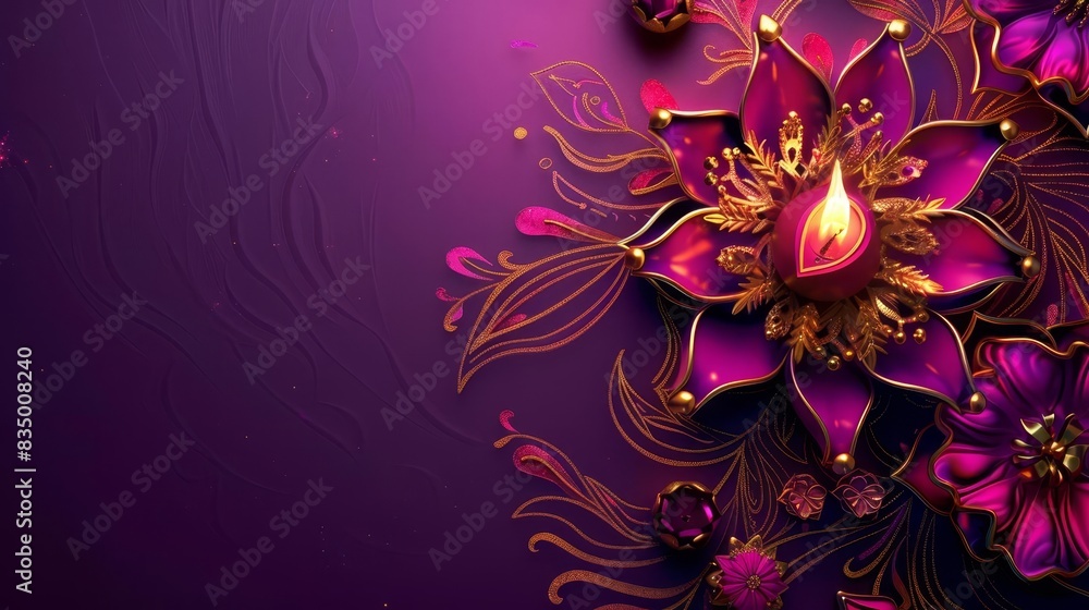 © LightoLife - Aerial view, vibrant purple Happy Diwali banner, intricate golden decorative diya design, digitally rendered, photorealistic finish © LightoLife - Aerial view, vibrant purple Happy Diwali banner, intricate golden decorative diya design, digitally rendered, photorealistic finish