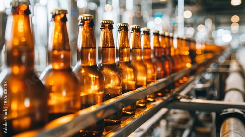 Production of brewing and bottling craft beer at a beer production plant. Conveyor with beer bottles.	