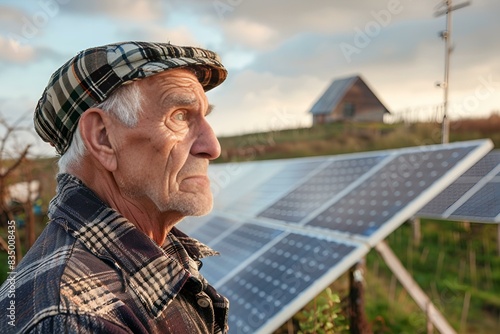 Senior przed panelami słonecznymi – zielony ład i odnawialne źródła energii photo