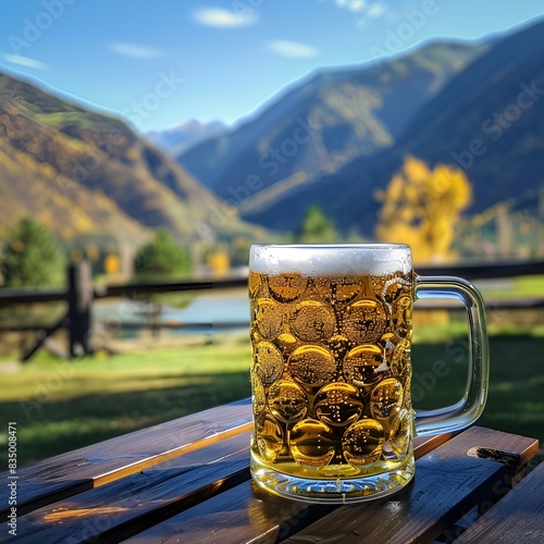 Kufel piwa na tle malowniczych gór w słoneczny dzień photo