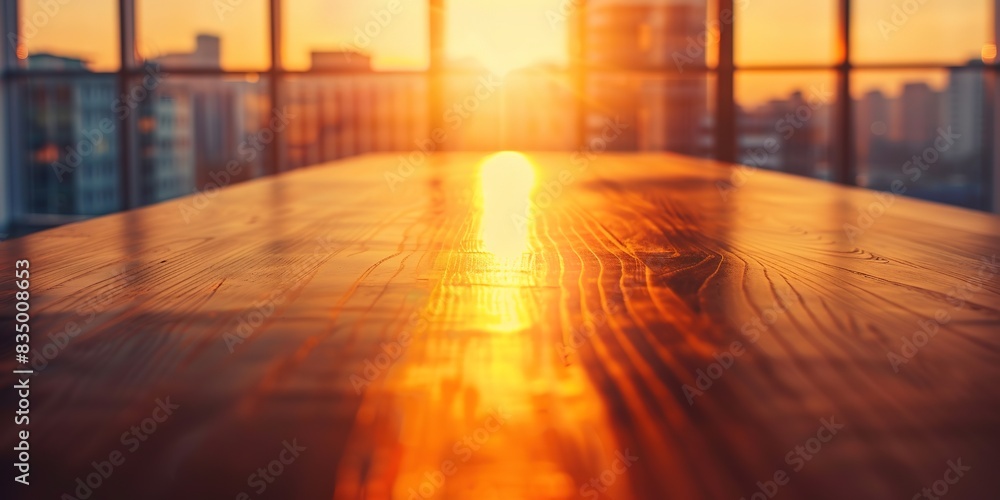 Golden sunset light floods over a smooth wooden surface with a blurred cityscape background.