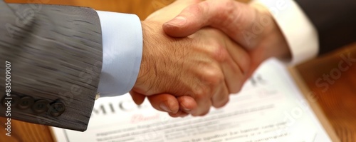 Two men shaking hands over a contract for Steve Wiecy. Close up of a handshake