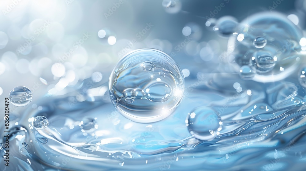 A large, translucent water droplet hovers above the surface of a clear blue liquid, surrounded by smaller droplets and ripples. A large, translucent water droplet hovers above the surface of a clear blue liquid, surrounded by smaller droplets and ripples.