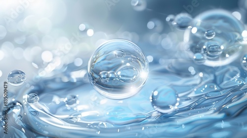 A large, translucent water droplet hovers above the surface of a clear blue liquid, surrounded by smaller droplets and ripples.