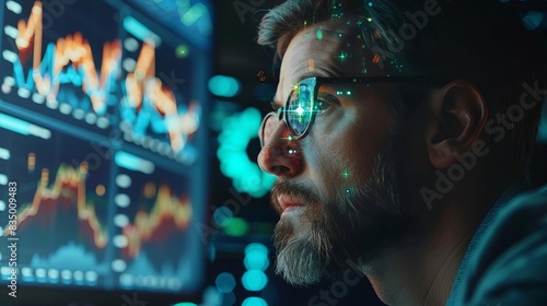 A statistician using advanced software to visualize data trends selective focus, visualization theme, ethereal, overlay, tech lab backdrop