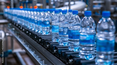 Production and bottling of clean and healthy water in a bottled water production plant. Conveyor with bottles.	
