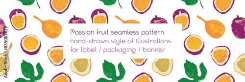 Hand drawn granadilla pattern .Tropical fruit banner. Vector passion fruit seamless pattern. Colorful exotic fruits ornate print. Natural background for cosmetics, fruits puree or juice label.