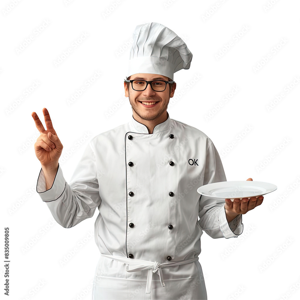 Young chef in uniform with glasses and cap, smiling and showing ok sign with an empty plate. Young chef in uniform with glasses and cap, smiling and showing ok sign with an empty plate.