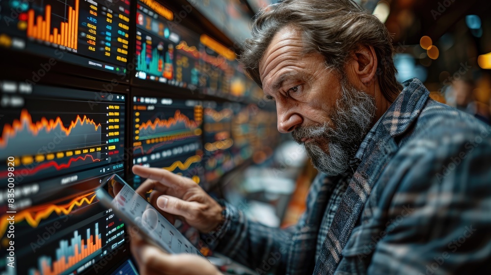 A mature man analyzing stock market data on multiple screens, focused on financial trends and investment opportunities. A mature man analyzing stock market data on multiple screens, focused on financial trends and investment opportunities.
