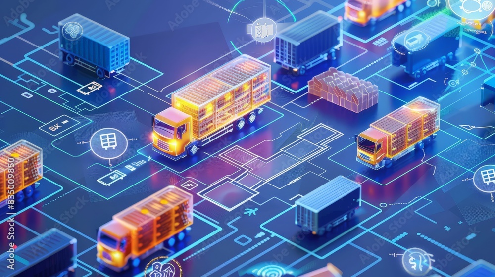 Fototapeta premium Develop an infographic on the role of digital technology in supply chain management. Explain how tools like RFID, blockchain, and AI enhance efficiency and transparency.