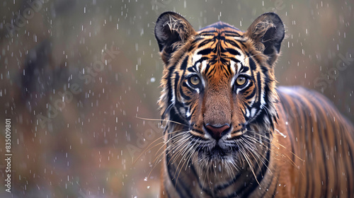 Close-up of Indian tiger in rain highlighting majestic features