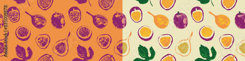 Hand drawn granadilla pattern. Tropical fruit banner. Vector passion fruit seamless pattern. Colorful exotic fruits ornate print. Natural background for cosmetics, fruits puree or juice label.
