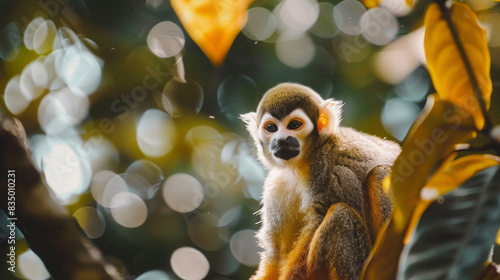 Fototapeta Naklejka Na Ścianę i Meble -  Squirrel monkey in Ecuadorian jungle surrounded by lush foliage