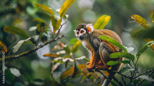 Squirrel monkey perched on branch in Ecuadorian jungle
