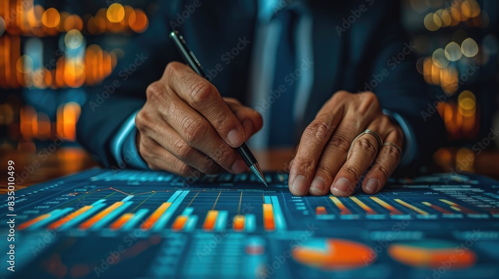 Business professional analyzing financial data and graphs on a digital screen, highlighting economic trends and market evaluation. Business professional analyzing financial data and graphs on a digital screen, highlighting economic trends and market evaluation.