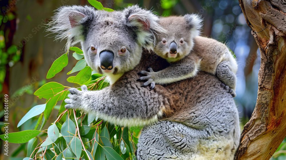 Fototapeta premium Mother koala with baby on her back in eucalyptus tree