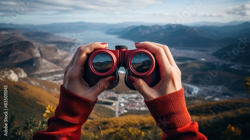 Both hands of a hiker use binoculars to see the view from a bird's eye view on a mountain.