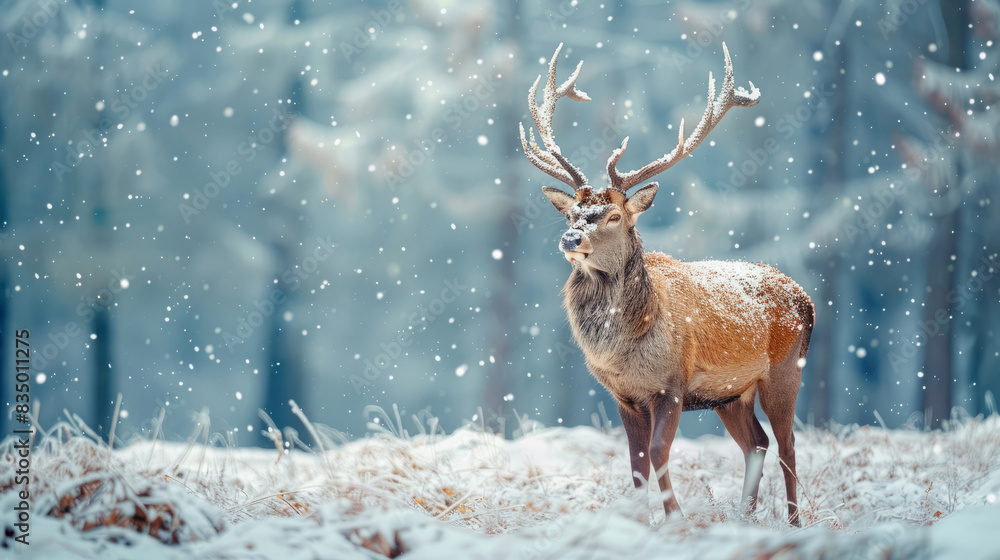 Majestic deer standing in snowy winter forest with falling snow Majestic deer standing in snowy winter forest with falling snow