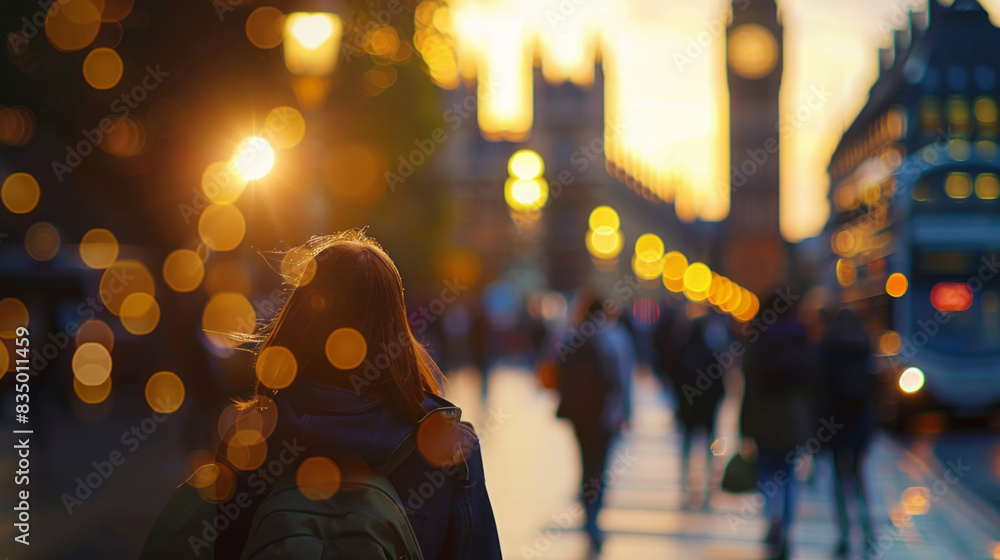 Fototapeta premium Silhouette of person in sunset city street, London bokeh background