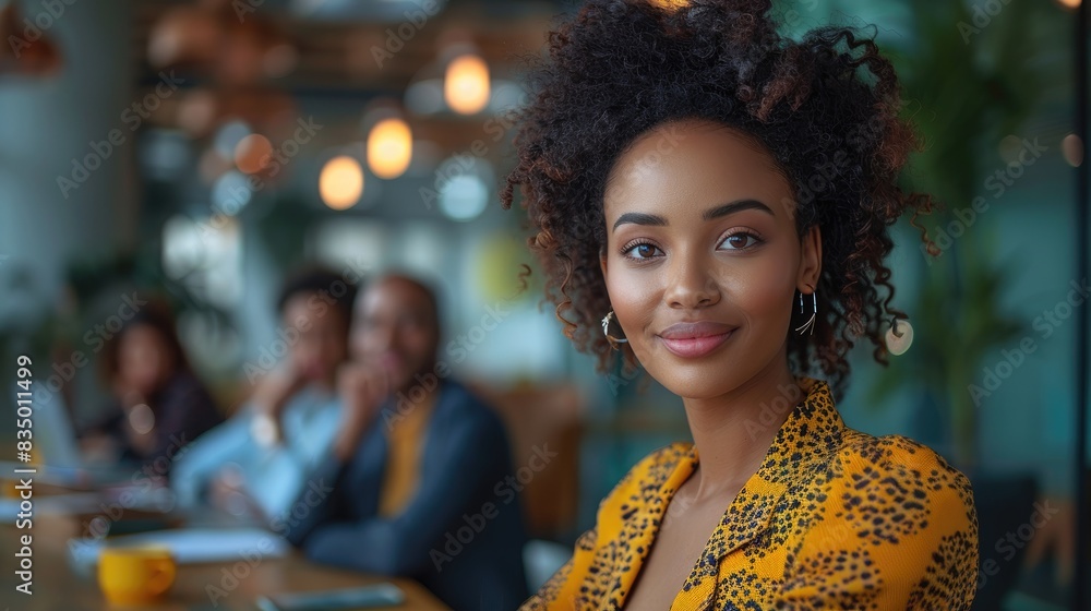 Confident woman in a bright office setting, with colleagues in the background. Business and teamwork concept. Confident woman in a bright office setting, with colleagues in the background. Business and teamwork concept.