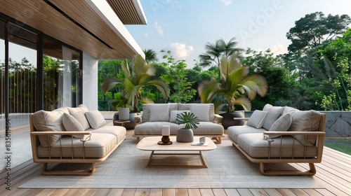 modern outdoor living room set with wood table patio furniture garden decor summer relaxation concept 3d rendering illustration photo