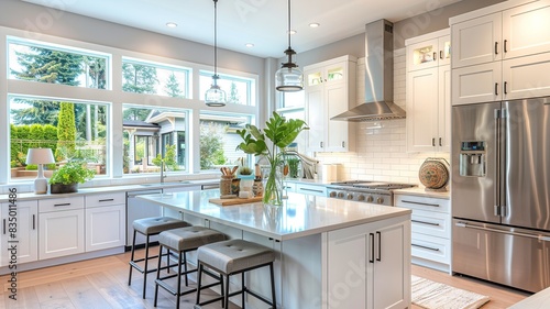 Experience the epitome of modern design in this American kitchen  featuring sleek white cabinets  state-of-the-art stainless steel appliances