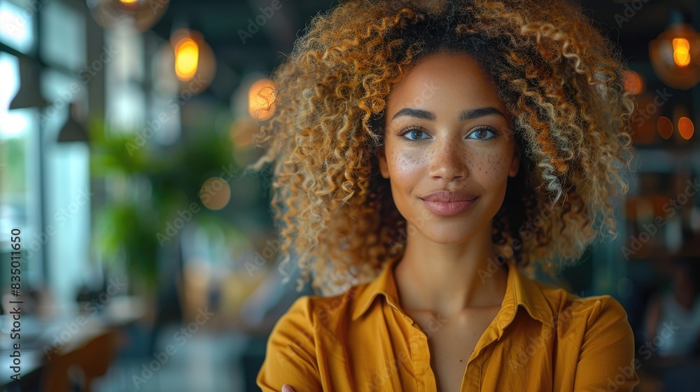 Confident young woman with curly hair smiles at camera in a modern cafe setting with warm lighting and a casual ambiance. Confident young woman with curly hair smiles at camera in a modern cafe setting with warm lighting and a casual ambiance.