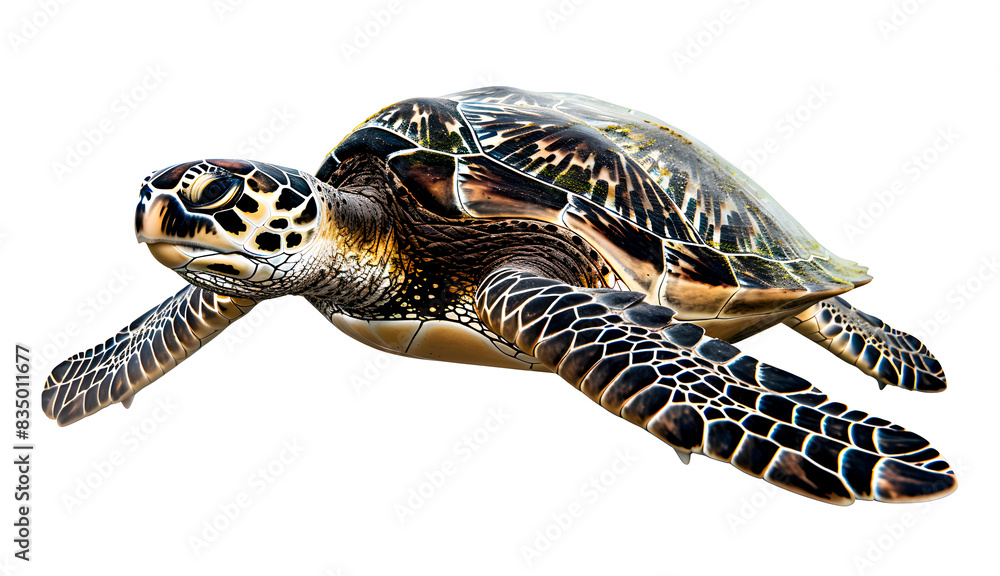 Fototapeta premium Big Sea Turtle isolated on transparent background, wild life concept, realistic illustration, generative ai