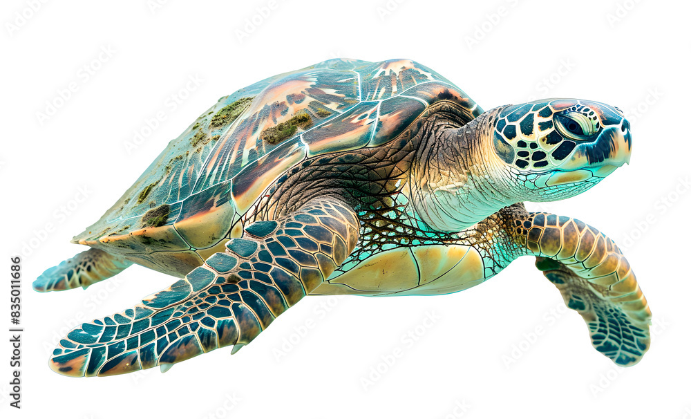 Fototapeta premium Big Sea Turtle isolated on transparent background, wild life concept, realistic illustration, generative ai