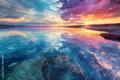 A tranquil sunset over a crystal-clear lake, the water perfectly mirroring the colorful sky above.