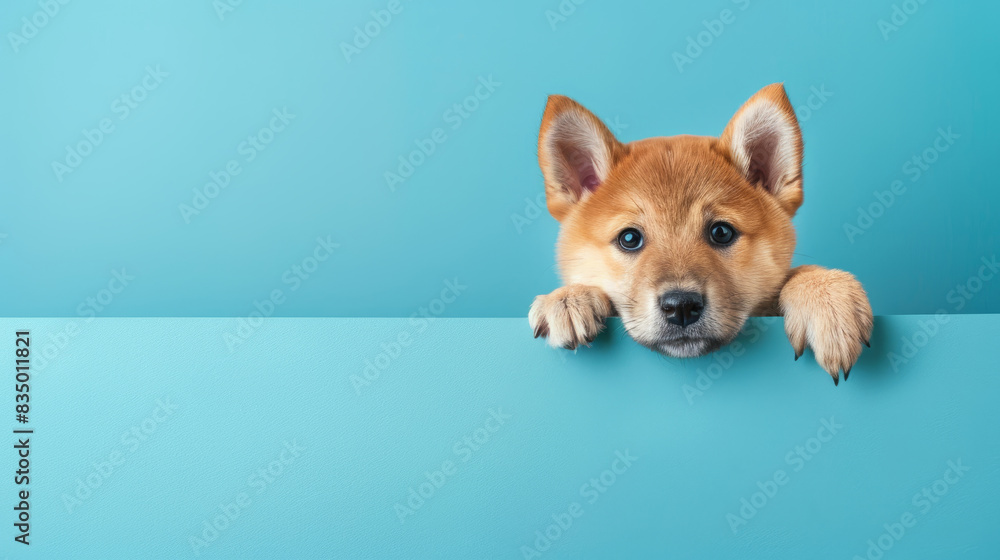 Cute Shiba Inu puppy peeking over turquoise background Cute Shiba Inu puppy peeking over turquoise background
