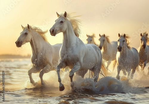 A group of white horses running in the water during golden hour light
