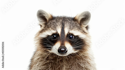 Portrait of a cute and curious raccoon on white background