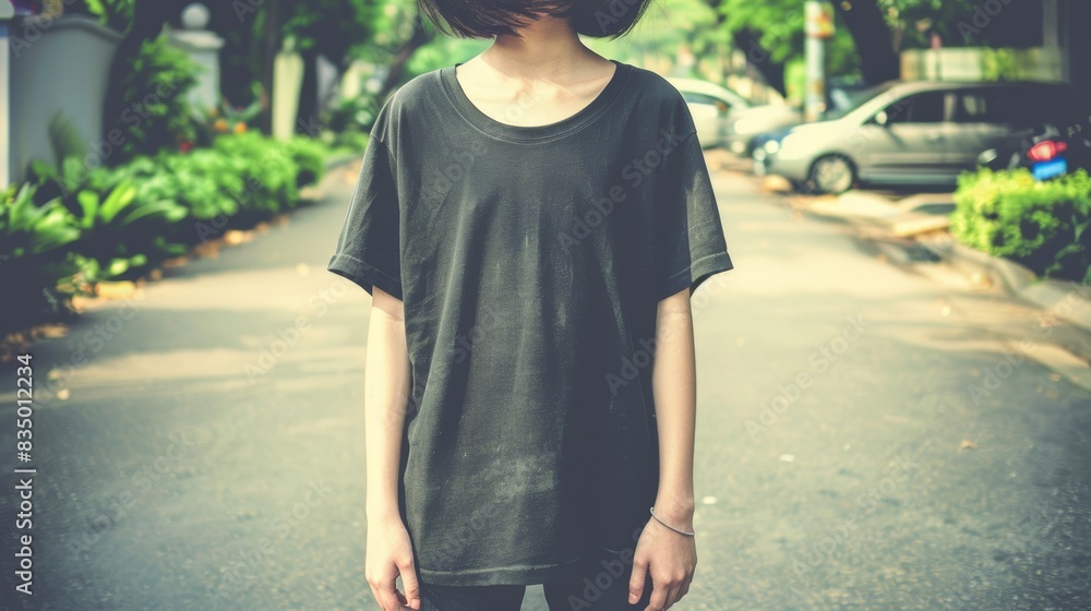 Casual portrait of a person wearing a black t-shirt standing in a street with blurred background, evoking a relaxed urban vibe. Casual portrait of a person wearing a black t-shirt standing in a street with blurred background, evoking a relaxed urban vibe.