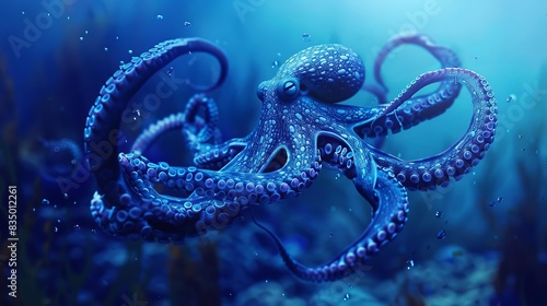 mysterious blue octopus swimming gracefully underwater ai generated digital art illustration photo